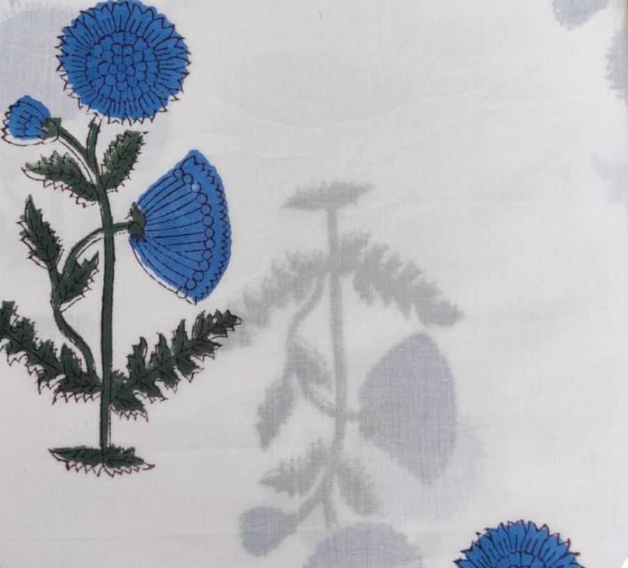White Cotton Fabric with Blue Floral Print | Handmade Indian Block Print Fabric by the Yard | Soft Cotton for Quilting, Sewing, Dressmaking
