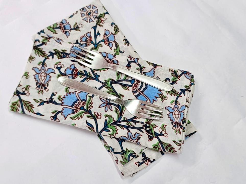 Floral Cotton Dinner Napkins, Set of 4 - Hand Block Printed