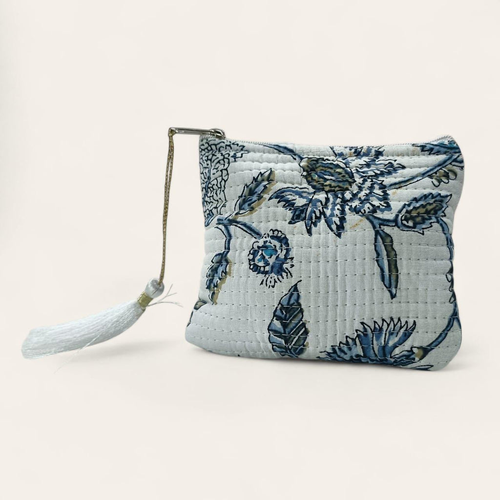 Handmade Mini Quilted Pouch | Blue Floral Block Print | Small Zipper Bag with Tassel | Personalized Fabric Pouch | Block Print Accessory Bag