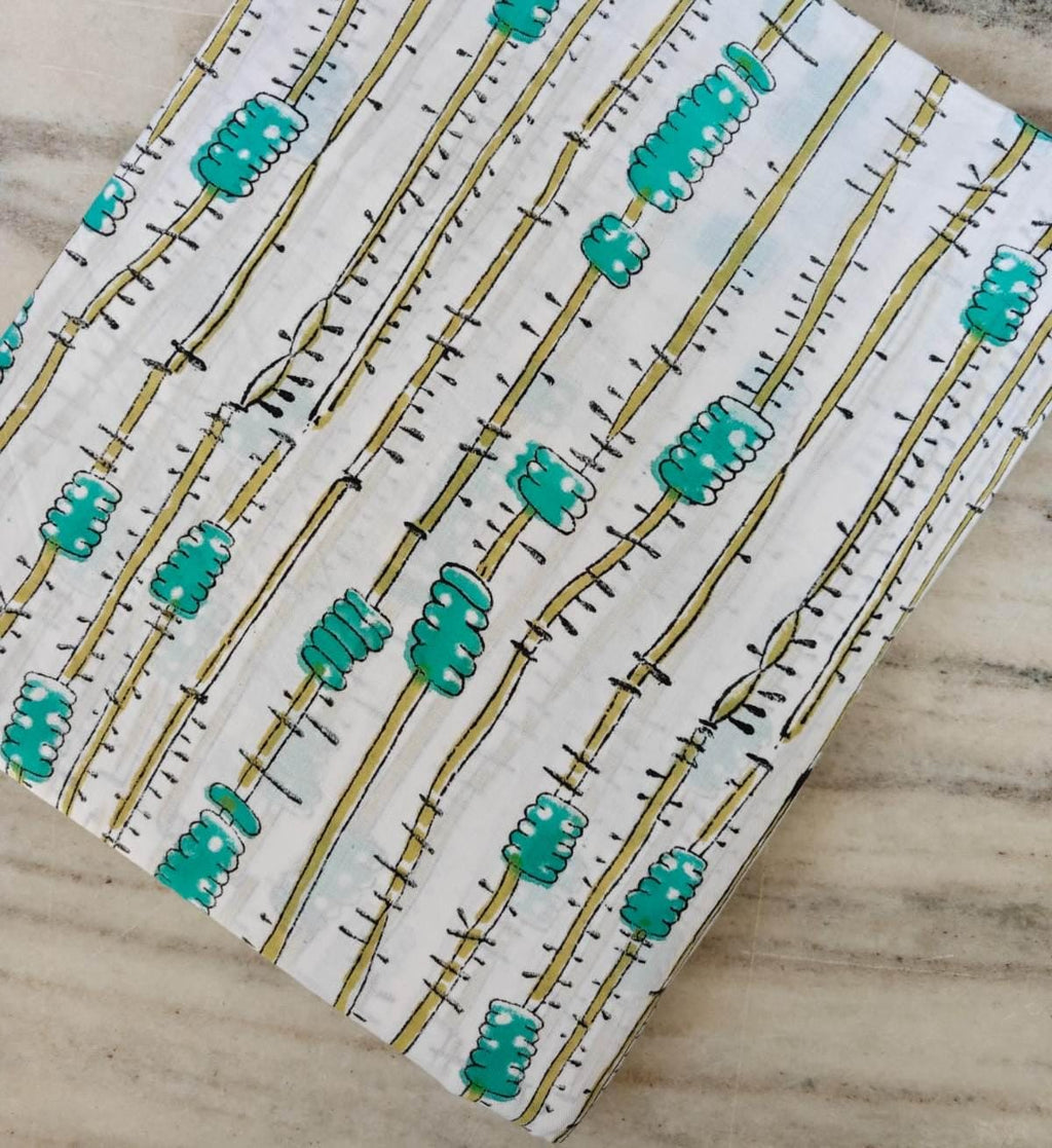 White & Teal Block Print Cotton Fabric, Modern Stripe Floral Fabric, Lightweight Dressmaking Cotton, Cotton Dress Fabric, White Fabric
