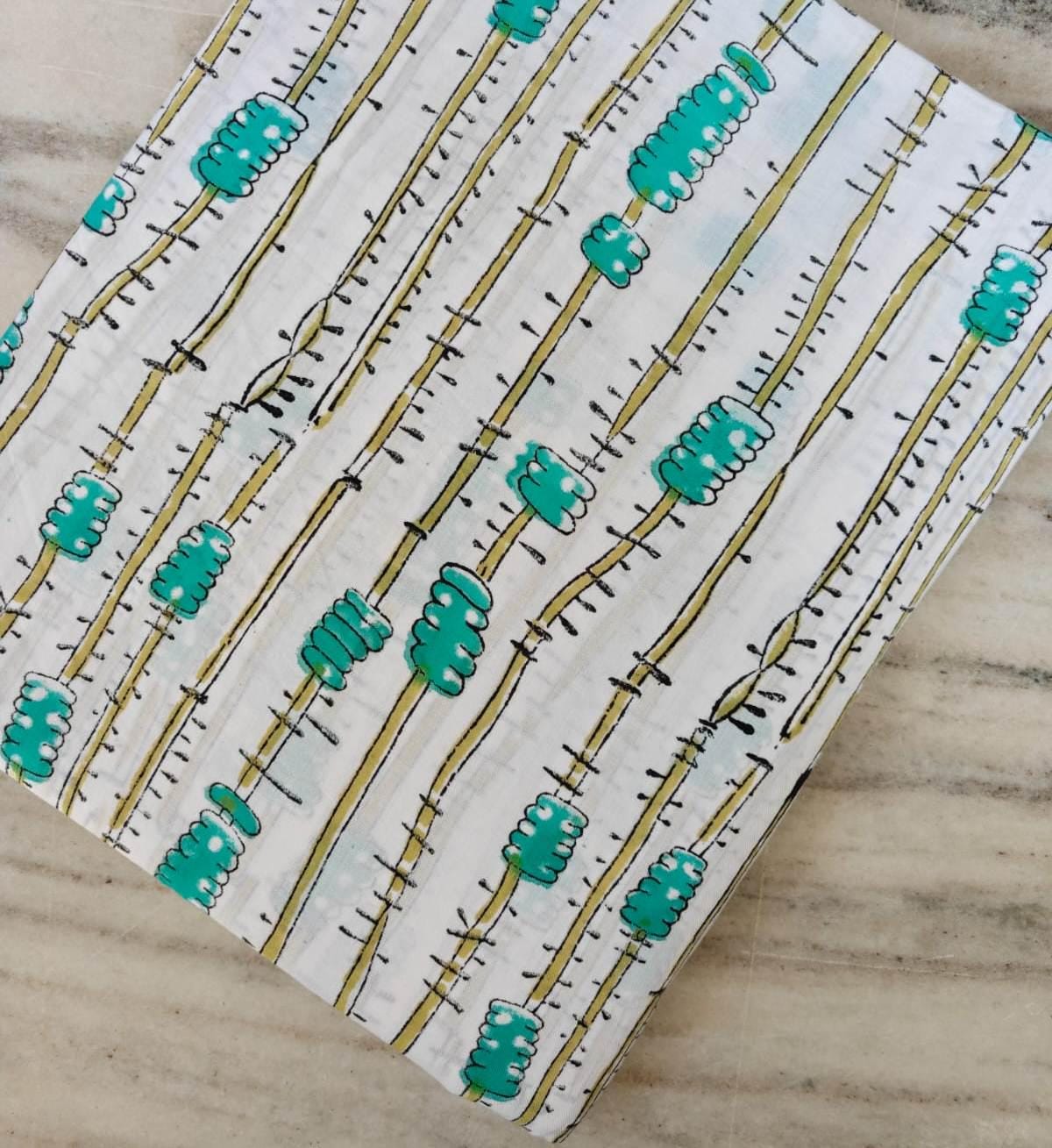 White & Teal Block Print Cotton Fabric, Modern Stripe Floral Fabric, Lightweight Dressmaking Cotton, Cotton Dress Fabric, White Fabric