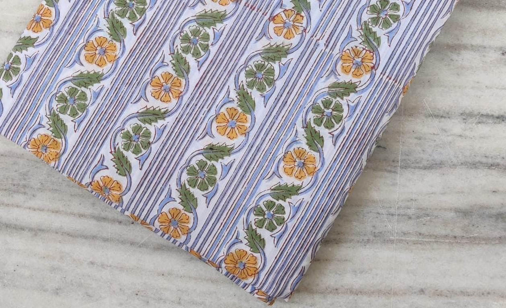 White Cotton Fabric with Yellow Green Floral Stripes, Hand Block Print Fabric by the Yard, Soft Indian Cotton for Quilting, Dressmaking