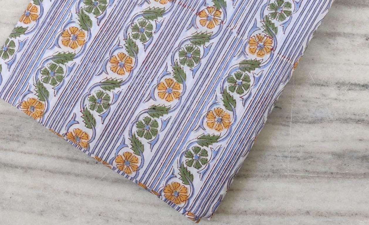 White Cotton Fabric with Yellow Green Floral Stripes, Hand Block Print Fabric by the Yard, Soft Indian Cotton for Quilting, Dressmaking