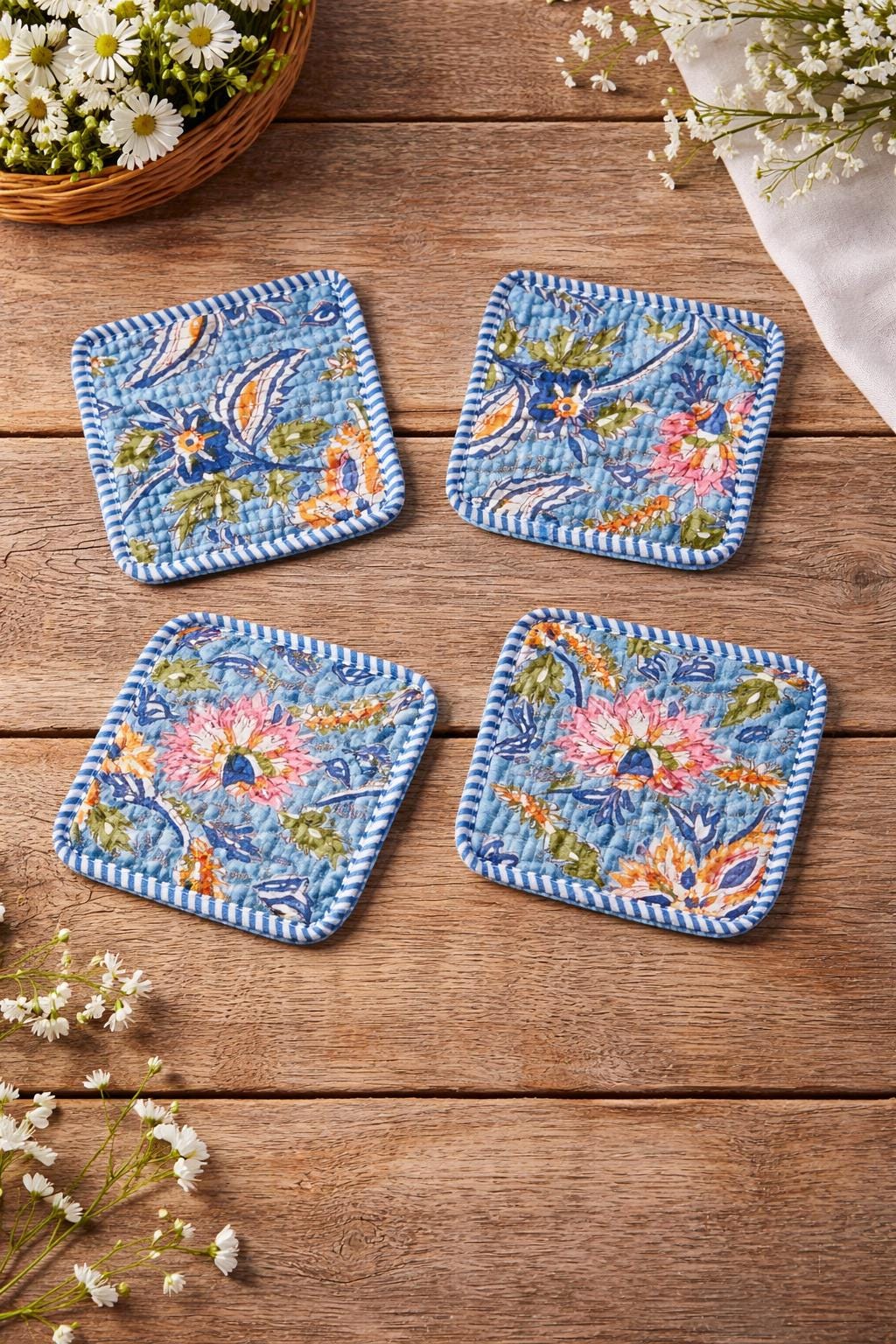 Floral Cotton Tea Coaster Set, Hand Block Print Blue Coasters, Quilted Fabric Drink Coasters, Reusable Table Decor, Housewarming Gift