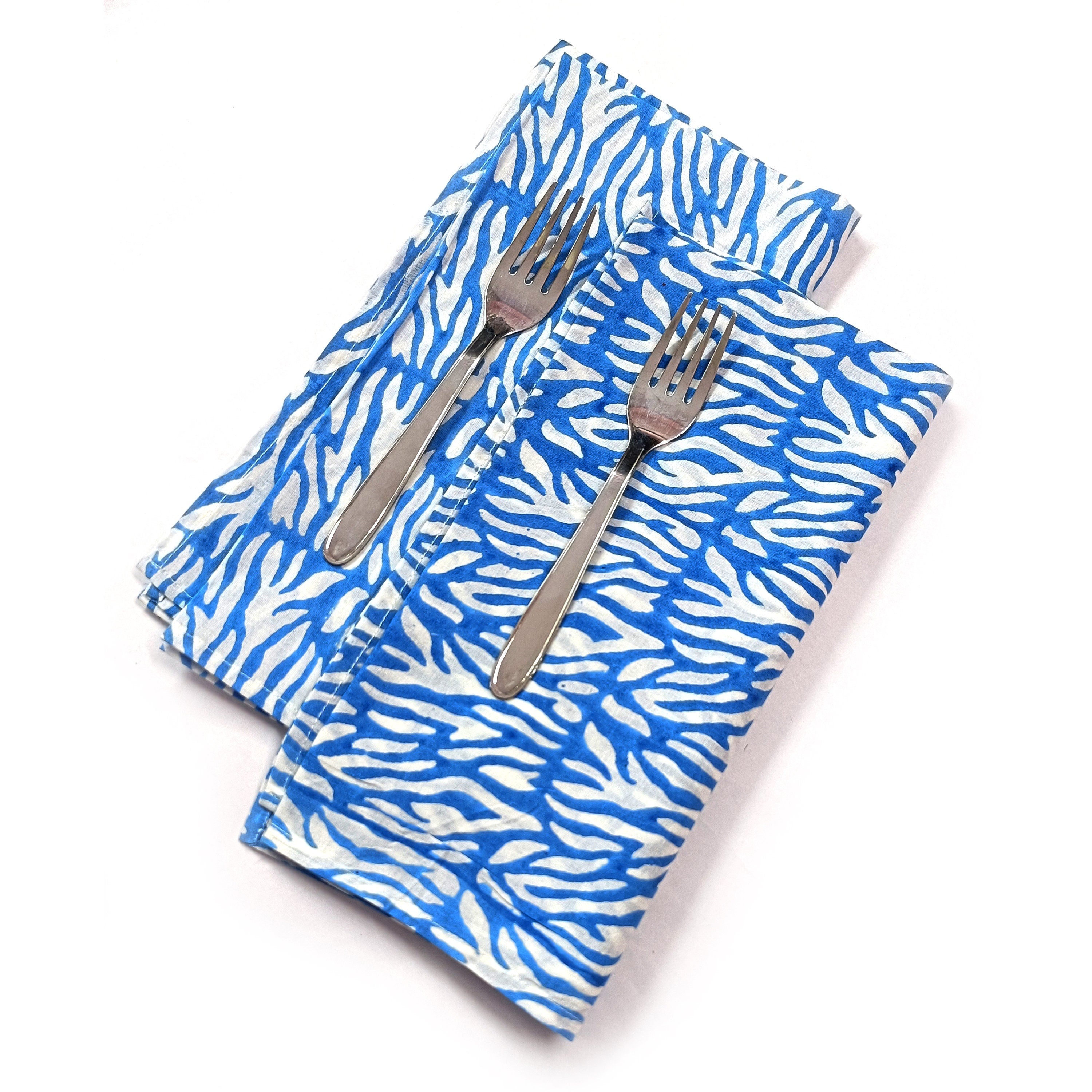 Blue Abstract Print Cotton Napkin Set, Hand Block Printed Cloth Napkins, Reusable Eco Friendly Dinner Napkins, Modern Table Linen, Sustainable Kitchen Decor Set of 4