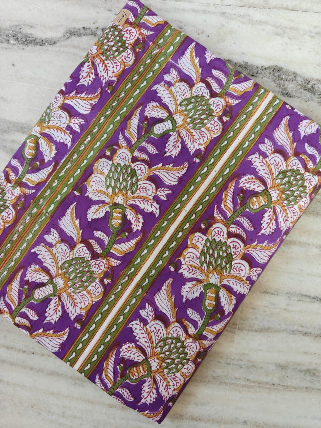Purple Floral Cotton Fabric by the Yard, Indian Block Print Fabric, Green White Lotus Pattern, Boho Quilting Sewing Craft Material, Napkins