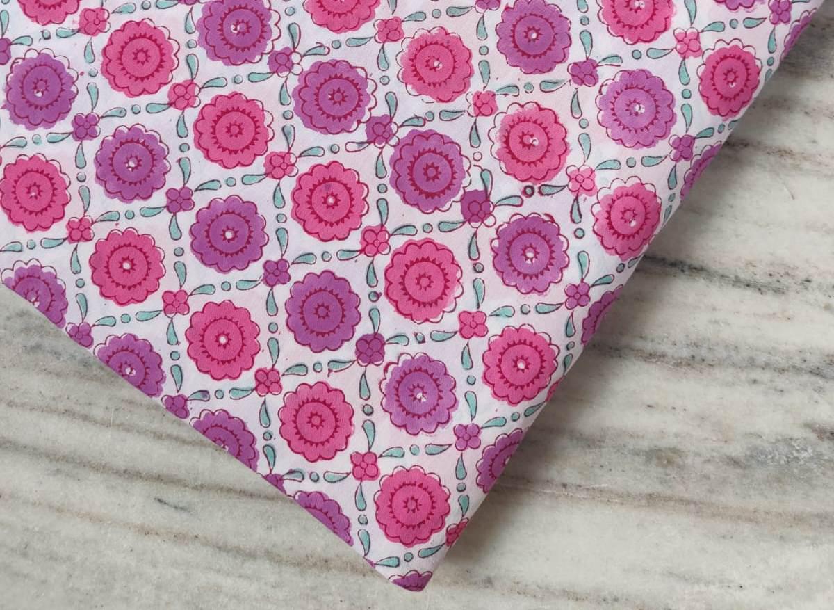 Pink Floral Cotton Fabric, Red Orange Hand Block Print by the Yard, Indian Soft Cotton for Quilting, Dressmaking, Sewing & Crafts, Gifts