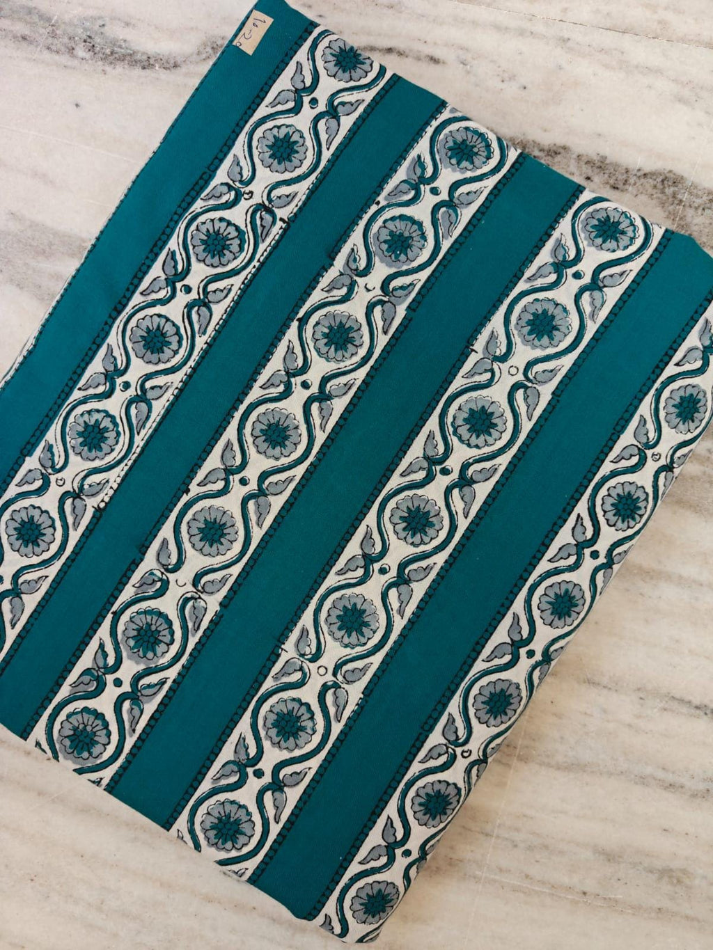 Teal Floral Stripe Cotton Fabric, Block Print Style Fabric, Indian Floral Fabric by the Yard, Quilting Craft Fabric, Boho Home Decor Textile