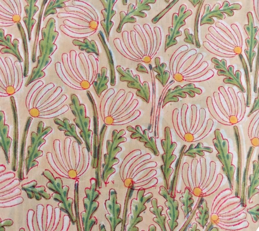 Beige Floral Cotton Fabric by the Yard, Pink Daisy Block Print, Indian Hand Printed Botanical Textile, Cream Cotton Fabric with Pink Flowers