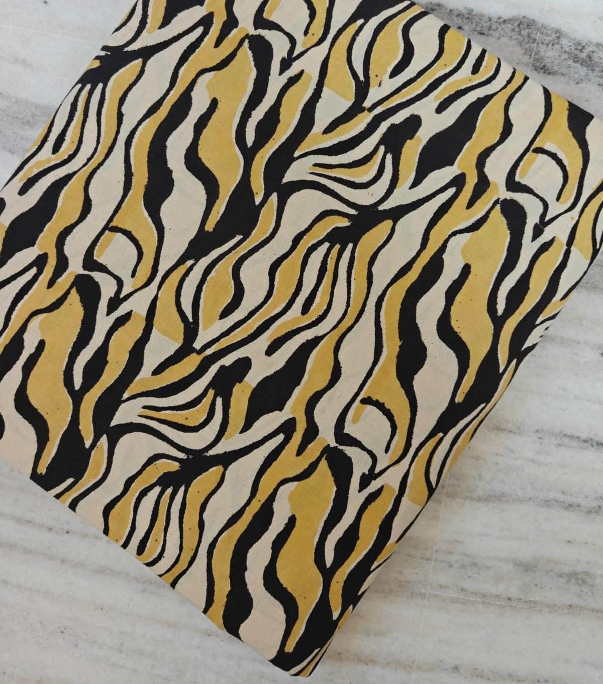 Mustard and Black Abstract Wavy Print Cotton Fabric, Indian Hand Block Print Fabric, 100% Cotton Quilting Fabric By The Yard, Napkins Fabric