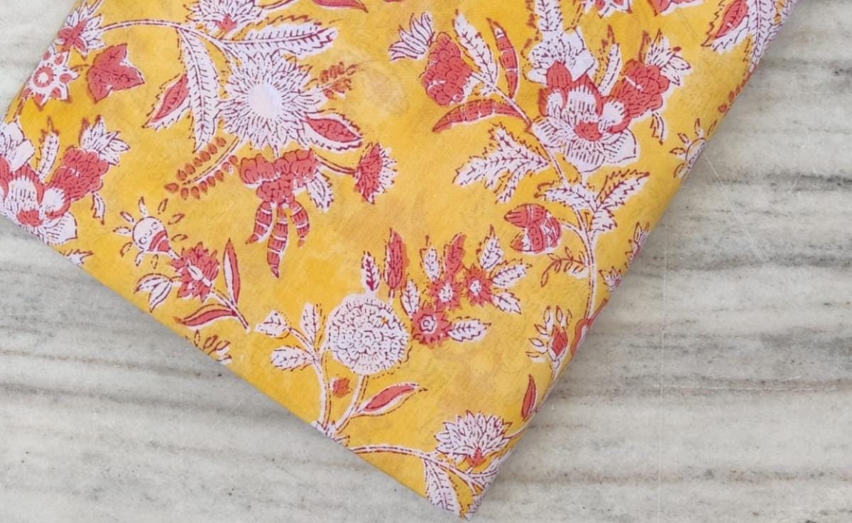 Yellow Floral Hand Block Print Cotton Fabric: Soft Indian Textile