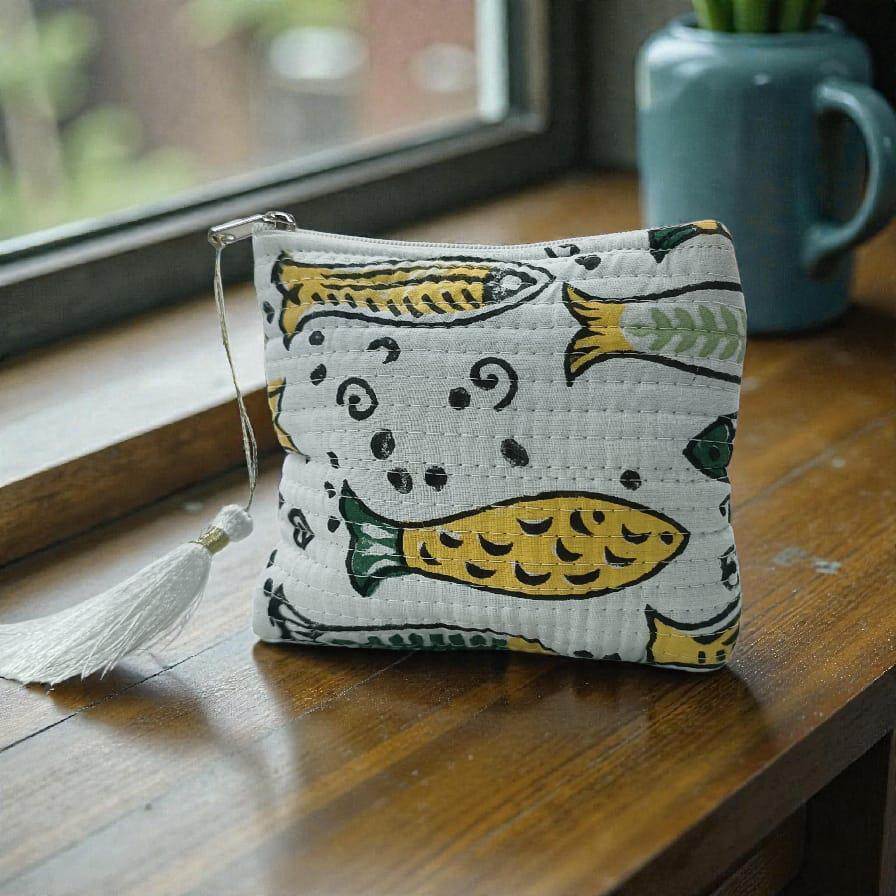 Handmade Mini Quilted Pouch with Fish Print | Boho Coin Purse | Small Zipper Bag with Tassel| Christmas Gifts