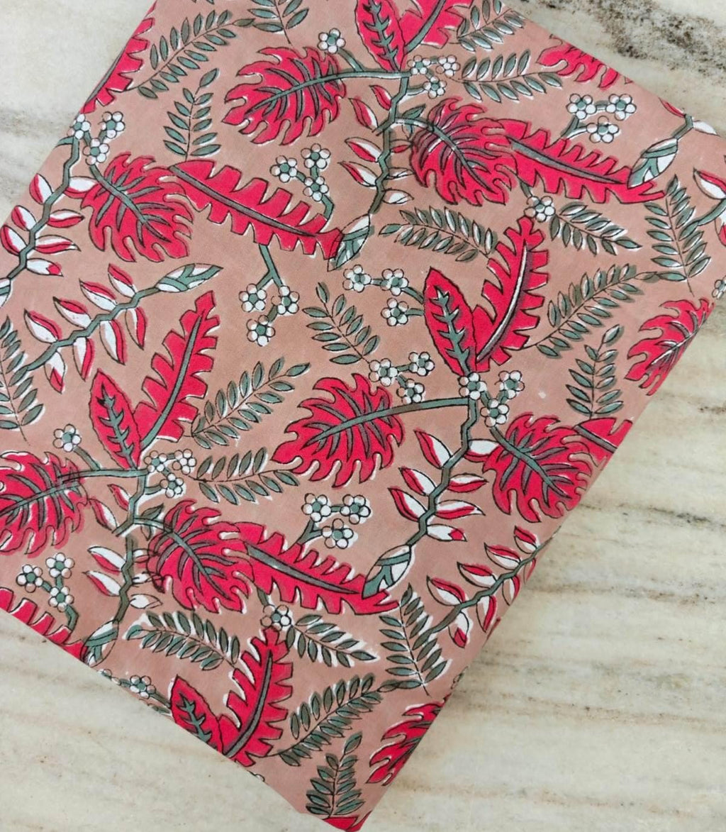 Blush Pink Tropical Leaf Cotton Fabric, Coral Red Botanical Print, Jungle Foliage Fabric by the Yard, Quilting Cotton, Nature Sewing Fabric