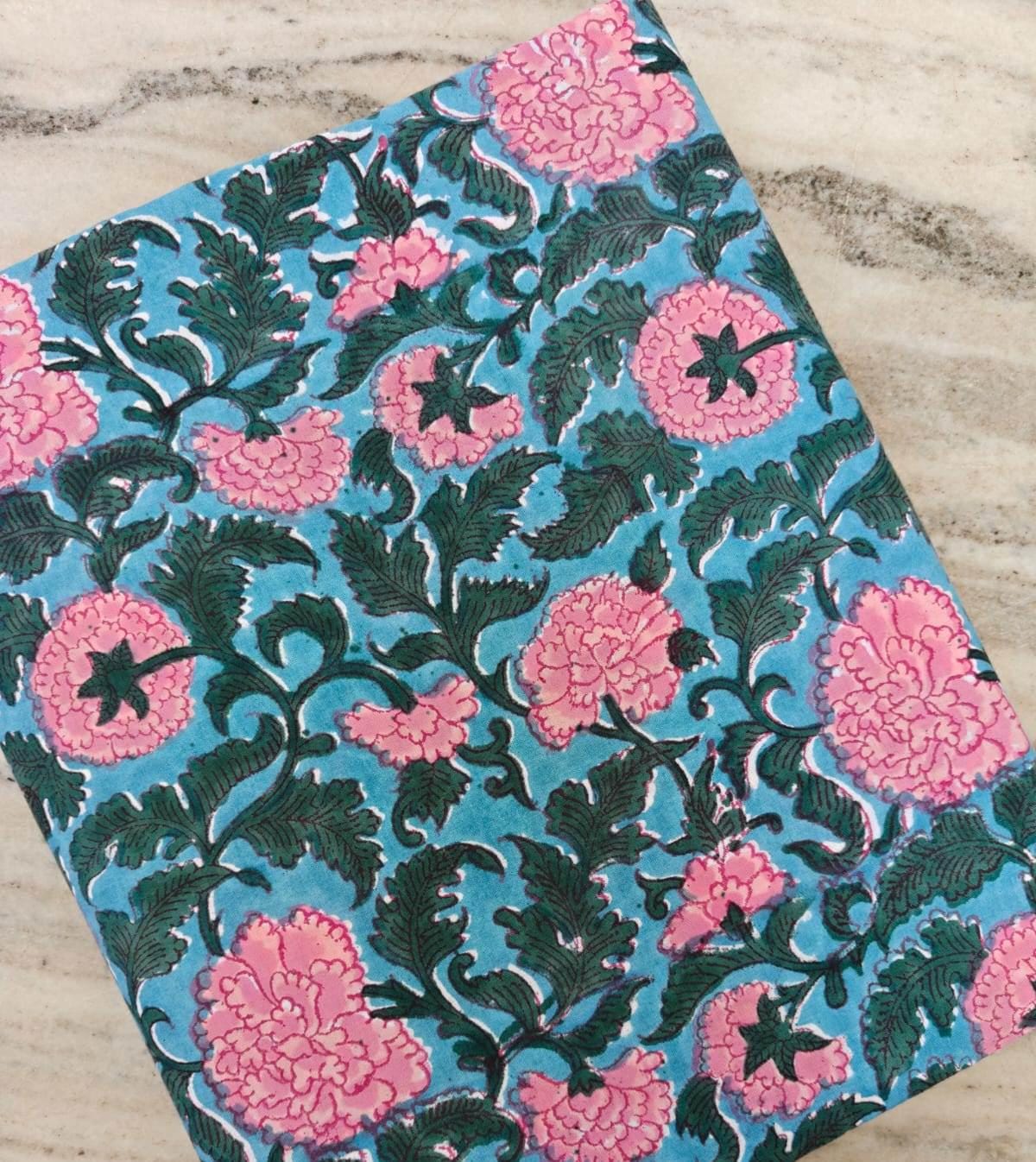 Blue Floral Cotton Fabric by the Yard, Pink Blossom Vine Print, Indian Block Print Style Fabric, Quilting Sewing Craft, Botanical Textile