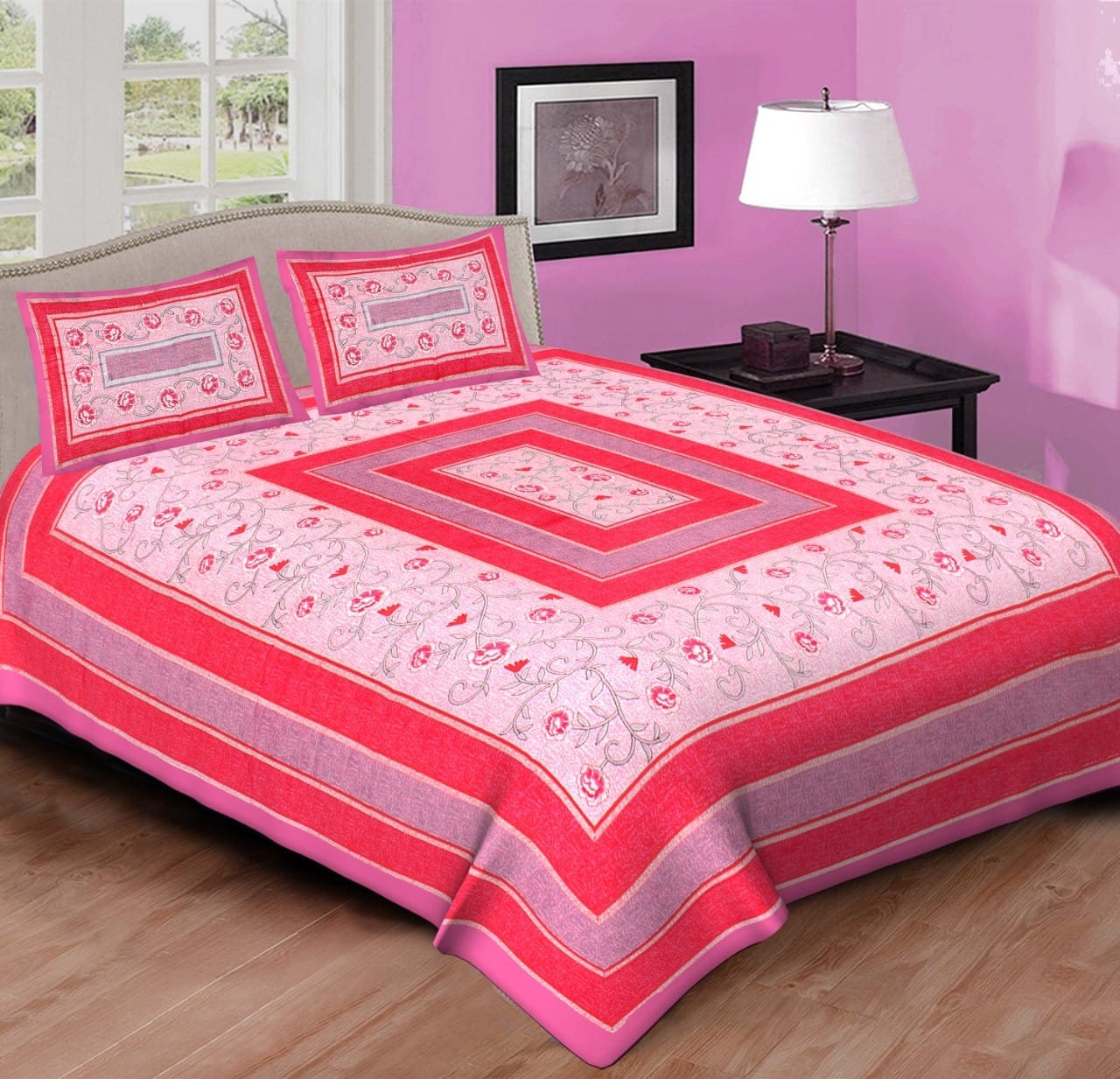 Pink border red base and grey leaf pattern cotton double bedsheet handmade jaipuri /rajasthani bedsheet double bed set queen size bedsheet