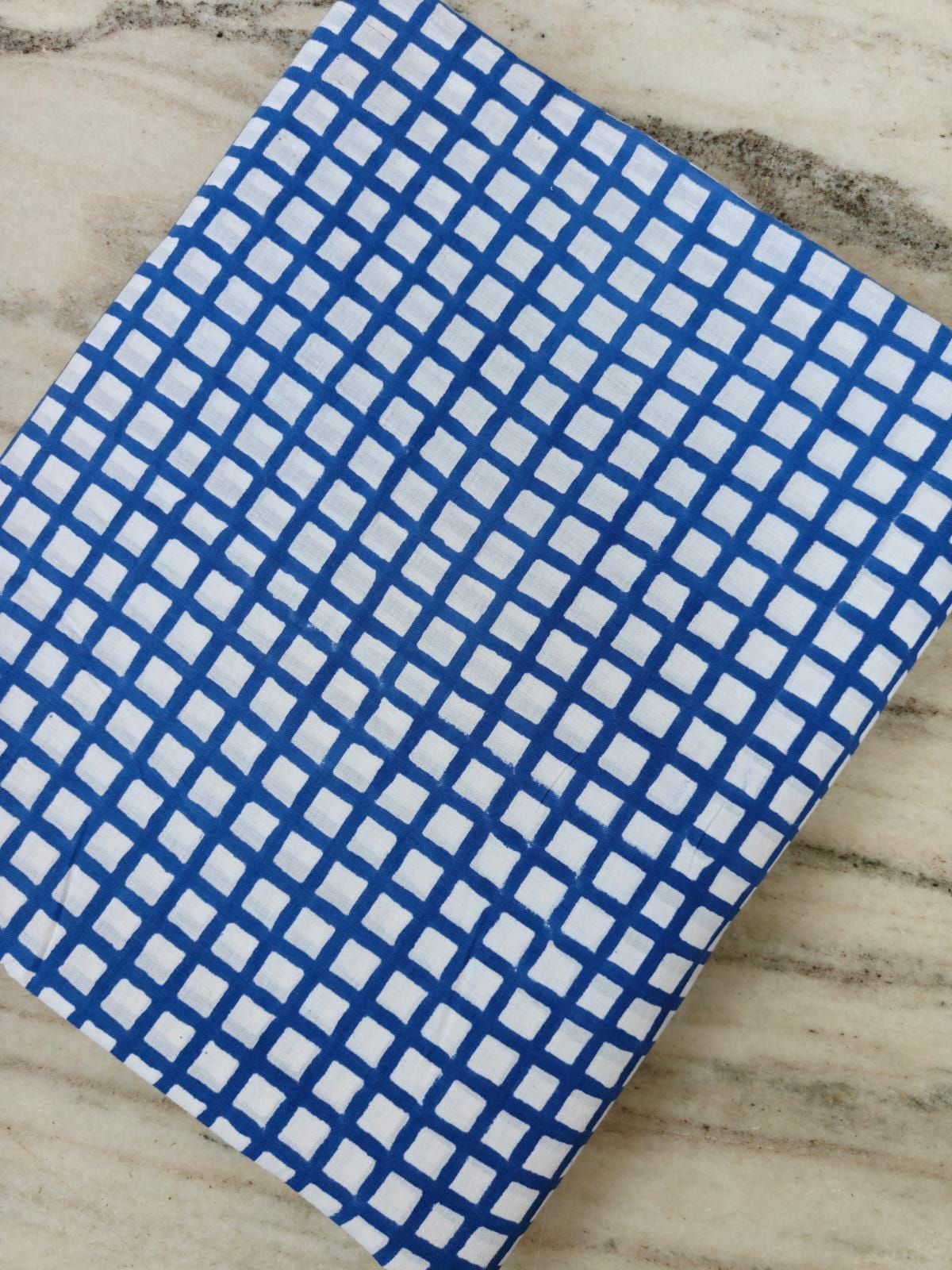 Blue White Check Cotton Fabric, Geometric Grid Print Fabric, Hand Block Print Cotton, Modern Minimal Fabric, Quilting Sewing Craft Fabric