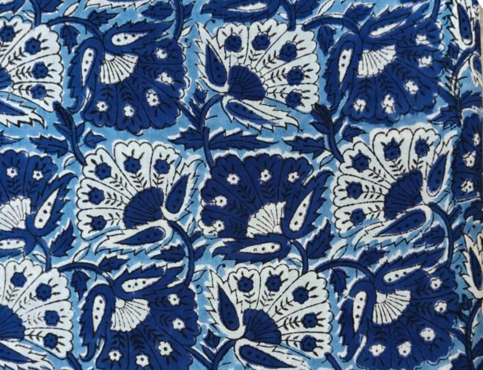 Indigo Blue Floral Block Print Cotton Fabric, Indian Handmade Cotton for Dresses, Quilting, Craft Sewing Fabric by Yard Loose Running Fabric