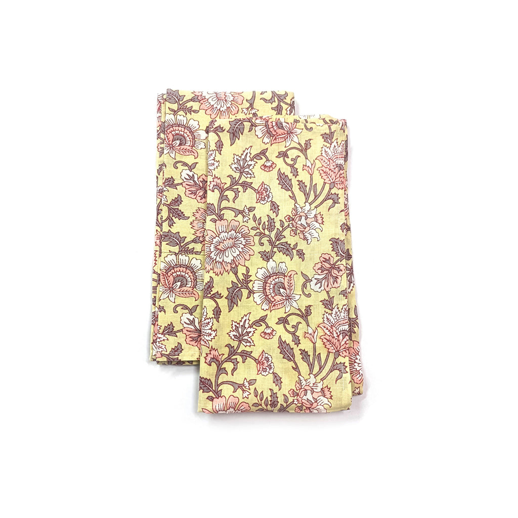 Hand Printed Cotton Dinner Napkins: Floral Block Print, Set of 4