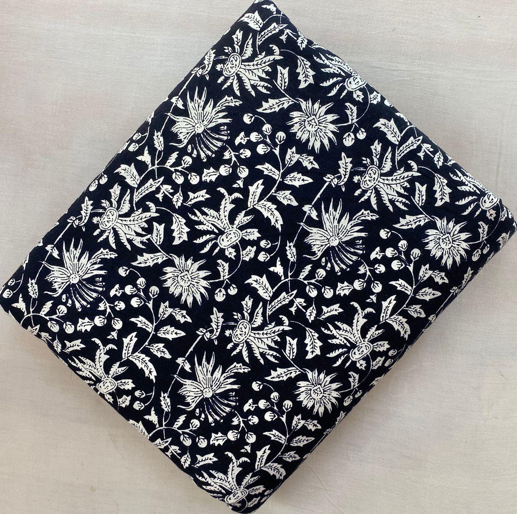 Black Soft Cotton, 100% Cotton Indian White Hand Block Print Fabric by the Yard, Fabric for Loose Running, Dress Making, Textile Fabric