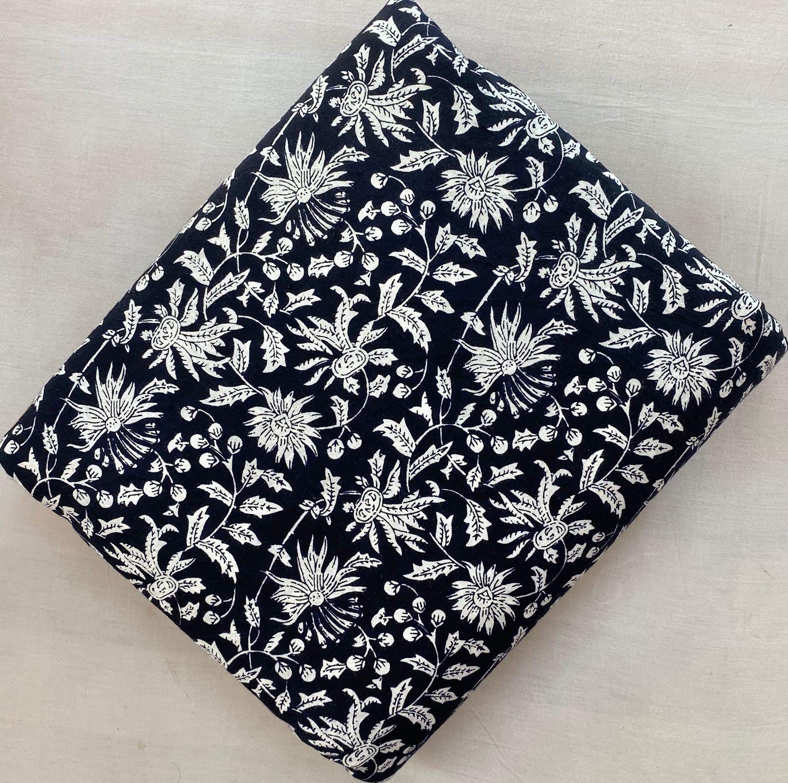 Black Soft Cotton, 100% Cotton Indian White Hand Block Print Fabric by the Yard, Fabric for Loose Running, Dress Making, Textile Fabric
