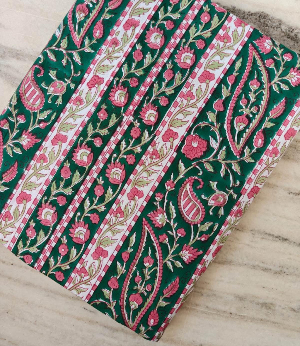 Green Floral Cotton Fabric by Yard, Indian Block Print Fabric, Pink Flower Stripe Fabric Material for Dressmaking, Quilting & Home Decor