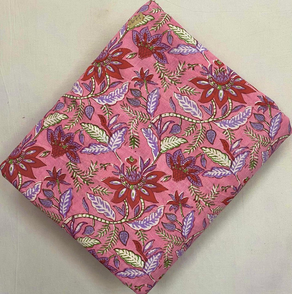 Pink Floral Cotton Fabric by Yard, Indian Block Print Fabric, Boho Flower Print Material, Dressmaking Quilting Fabric, Home Decor Cotton