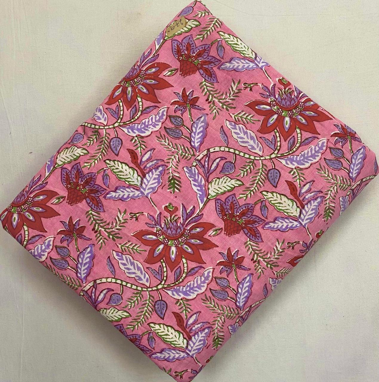 Pink Floral Cotton Fabric by Yard, Indian Block Print Fabric, Boho Flower Print Material, Dressmaking Quilting Fabric, Home Decor Cotton