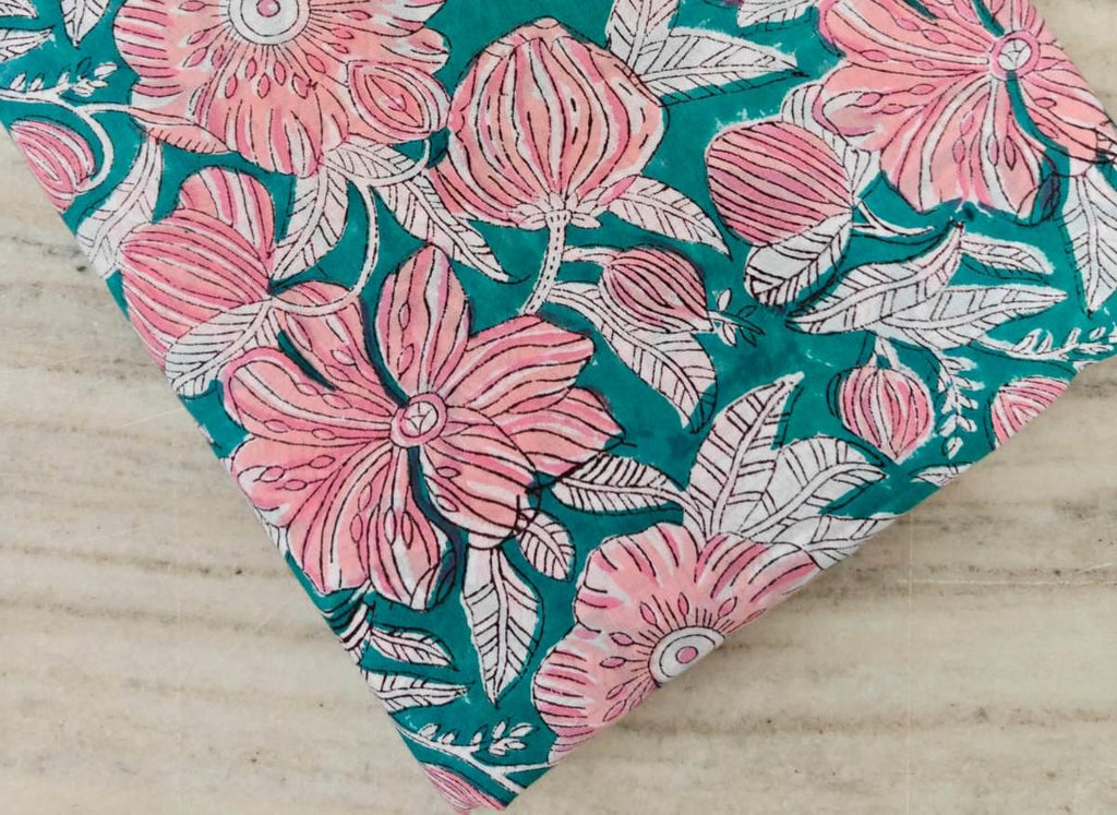 Teal Pink Floral Cotton Fabric, Hand Block Printed Fabric by the Yard, Soft Indian Cotton Sewing, Dressmaking, Summer Floral Print Fabric
