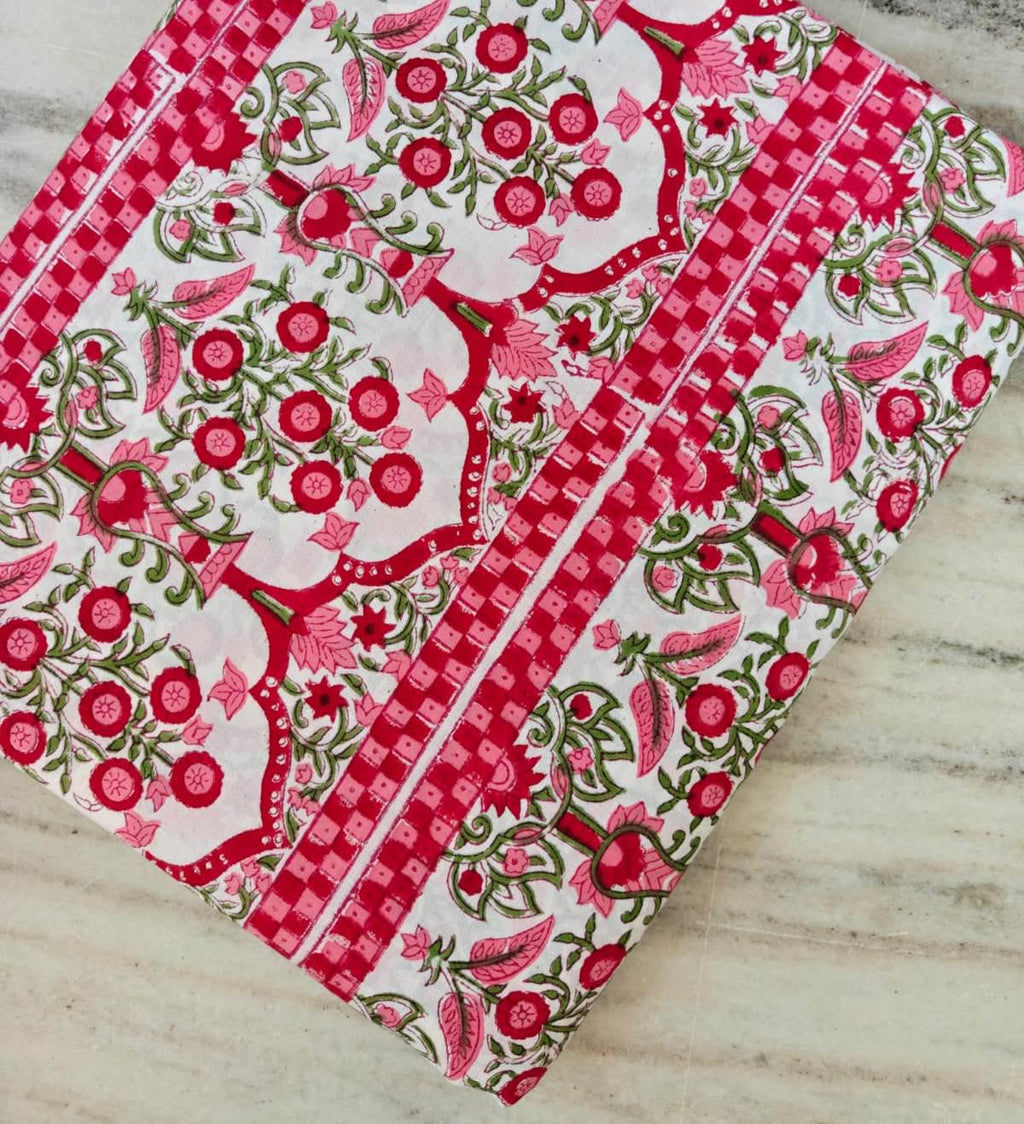Red Pink Floral Cotton Fabric – Indian Block Print Style – Pomegranate Vine & Check Border – Quilting Dressmaking Craft Fabric by the Yard