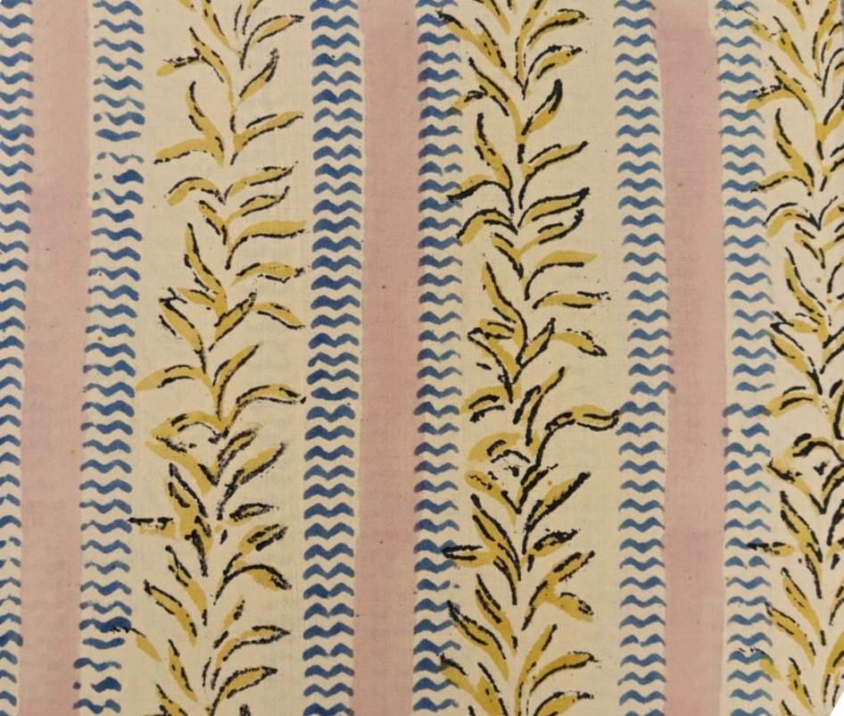Striped Floral Cotton Fabric, Hand Block Print Fabric, Beige Blue Pink Stripe Fabric, Floral Vine Fabric, Dress Sewing Fabric By The Yard