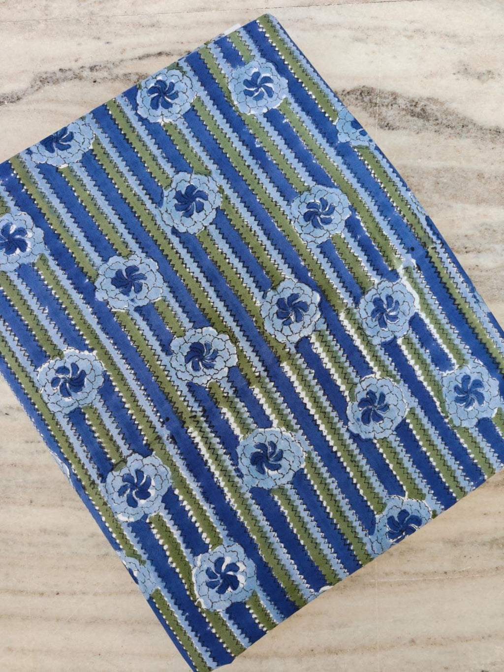 Soft Cotton Blue & Green Floral Striped Cotton Fabric, Indian Hand Block Print Fabric, Floral 100% Cotton Fabric By The Yard, Running Fabric