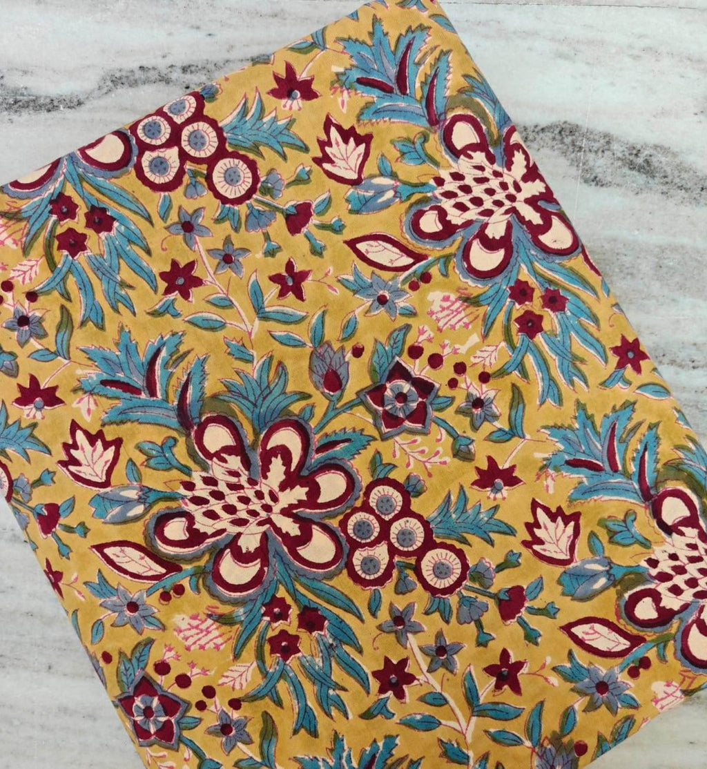 Mustard Floral Cotton Fabric by the Yard, Indian Block Print Fabric, Teal and Maroon Flower Print, Boho Craft Sewing, Loose Running Fabric