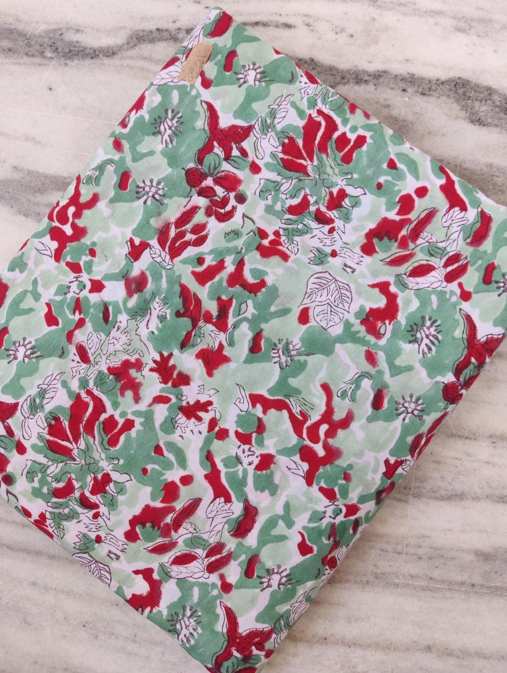 Hand Block Print Cotton Fabric: Red Green Floral Indian Sewing Material