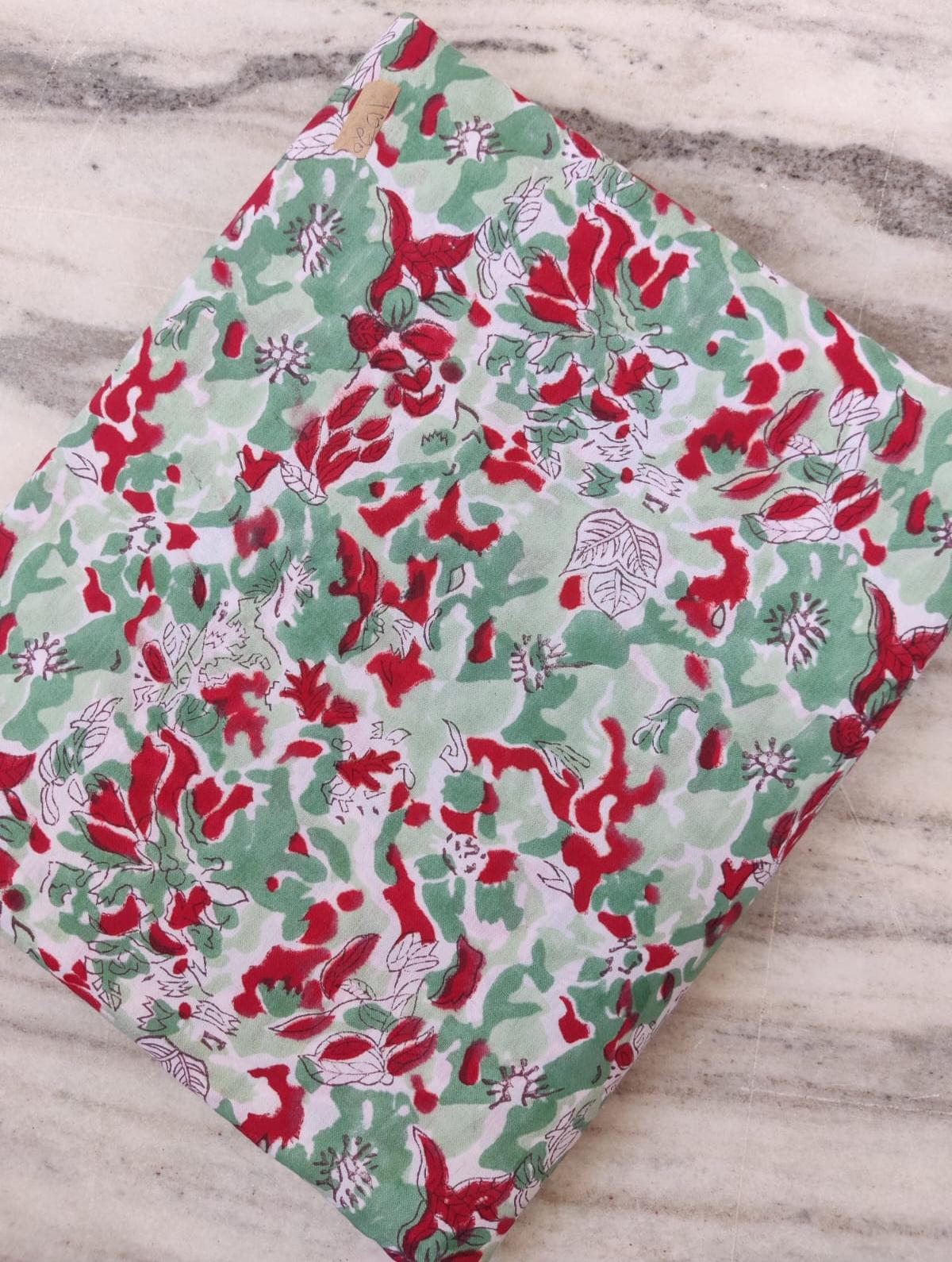 Hand Block Print Cotton Fabric: Red Green Floral Indian Sewing Material