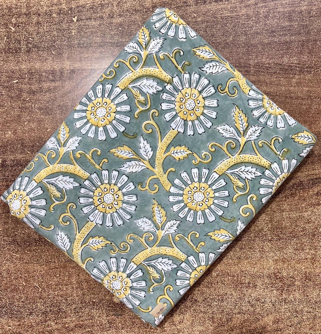 Grey Floral Block Print Cotton Fabric, Indian Hand Printed Fabric by Yard, Vintage Flower Pattern for Sewing Quilting, Handmade Fabrics