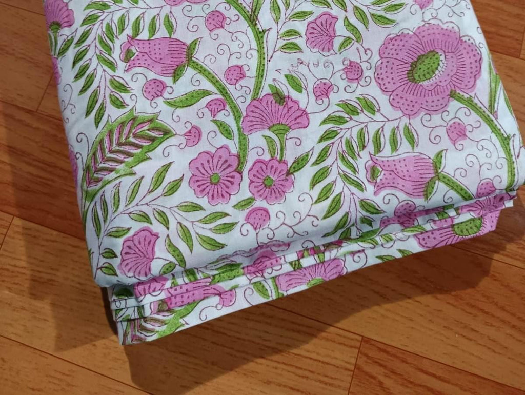 Pink Green Floral Cotton Fabric by the Yard, Hand Block Print Fabric, Indian Soft Cotton Material for Quilting, Sewing, Dressmaking & Crafts