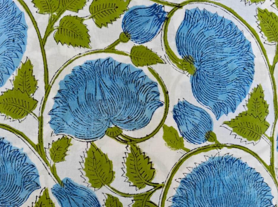Blue Floral Cotton Fabric, Hand Block Print Indian Cotton White Background with Green Vines Quilting, Dressmaking & Craft Fabric by the Yard
