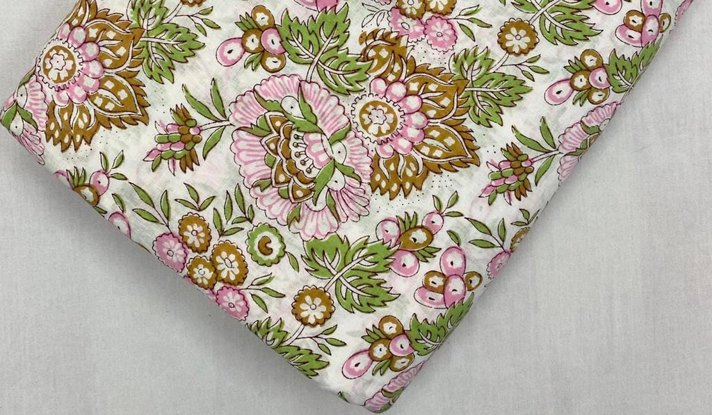 Green Hand Block Print Fabric, Floral 100% Cotton Quilting Fabric By The Yard, Fabric For Dress Making, Loose Running Fabric, Napkin Fabric