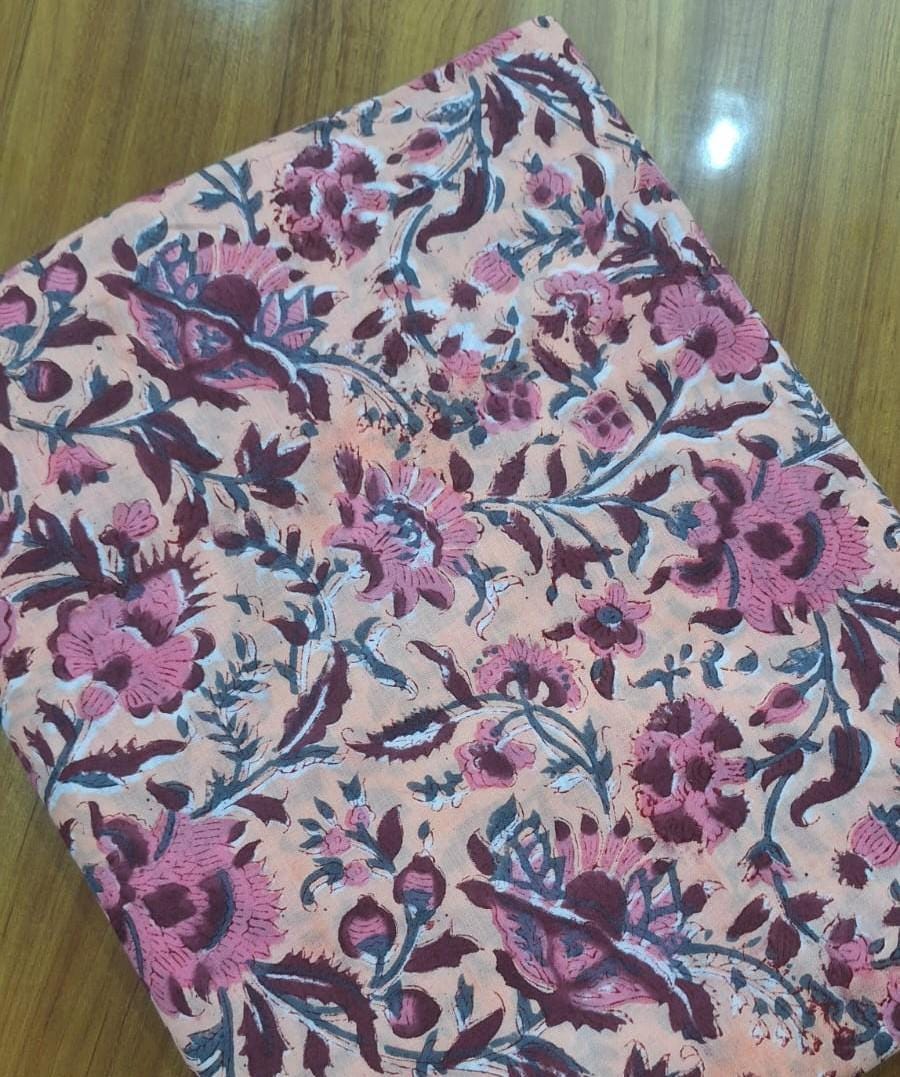 Pink Floral Cotton Fabric, Indian Block Print Fabric, Vintage Flower Cotton Fabric by Yard, Boho Floral Fabric for Quilting Dressmaking