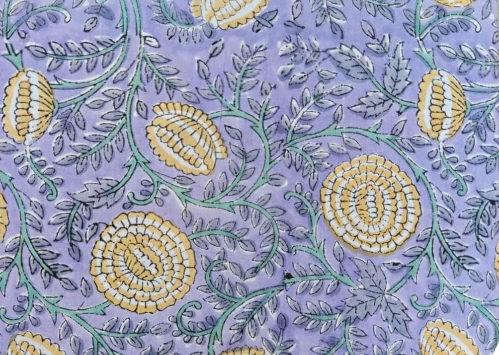Lavender Floral Cotton Fabric, Yellow Hand Block Print Fabric, Indian Cotton Textile, Soft Floral Yardage, Dressmaking Quilting Craft Fabric