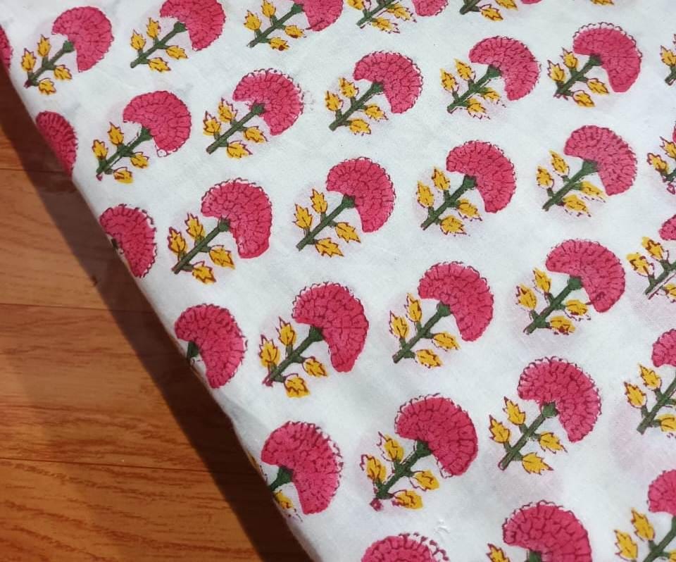 Hand Block Print Cotton Fabric, Pink Floral Fabric, Indian Cotton Fabric by the Yard Soft Lightweight Fabric for Sewing Quilting Dressmaking