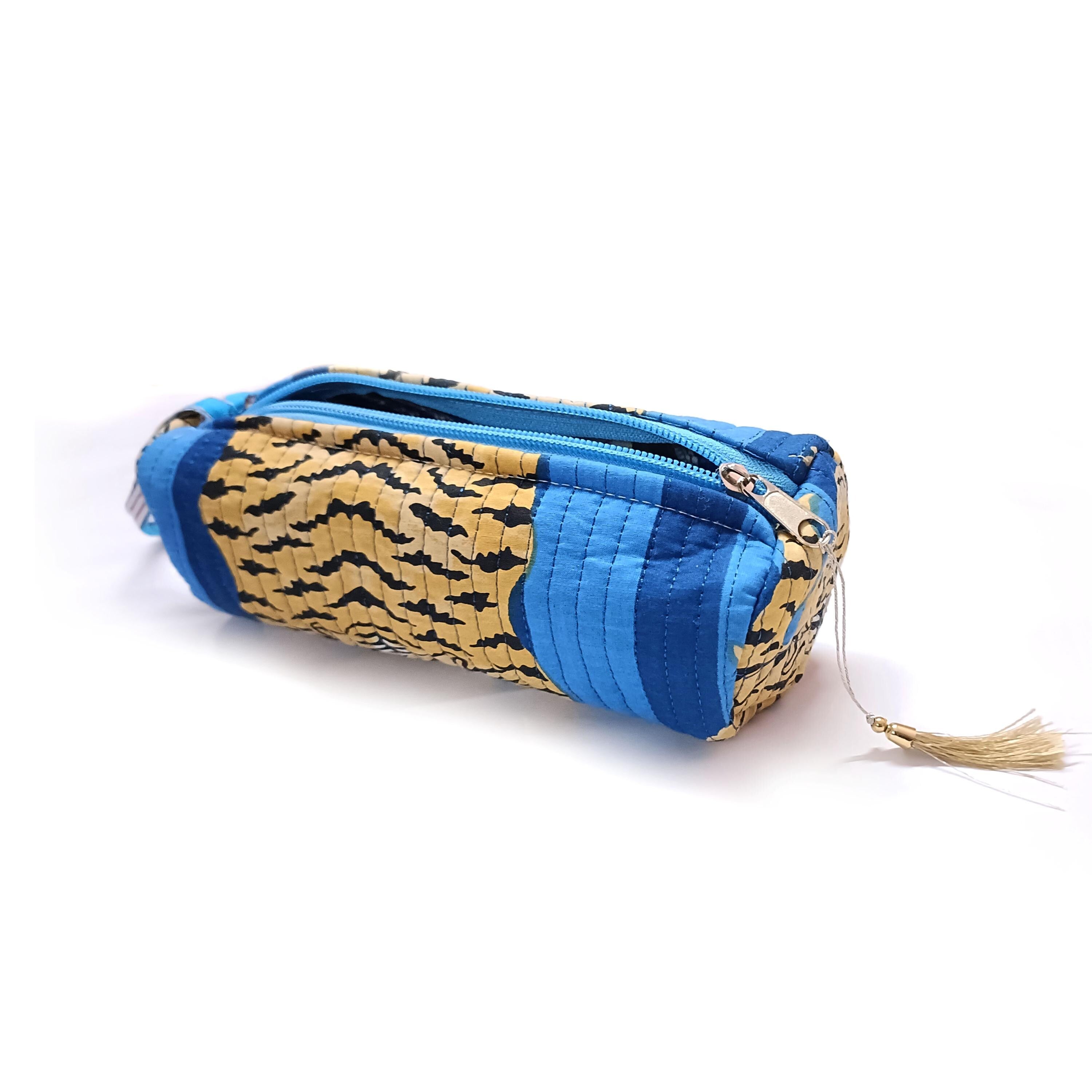 Quilted Cotton Pencil Case: Floral Tiger Print Makeup Bag