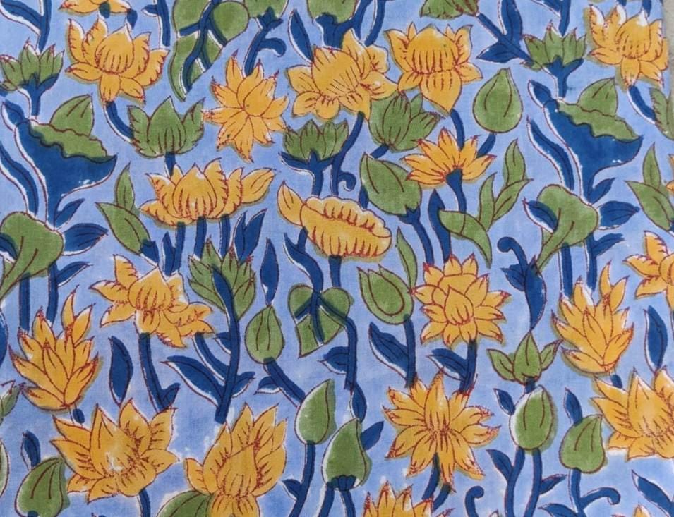 Blue Floral Cotton Fabric by Yard | Yellow Lotus Hand Block Print | Indian Soft Cotton for Quilting, Dressmaking, Sewing Crafts