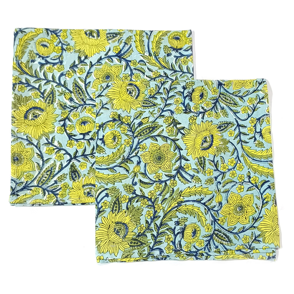 Handmade Organic Cotton Dinner Napkins: Floral Block Print, 20x20 Inches