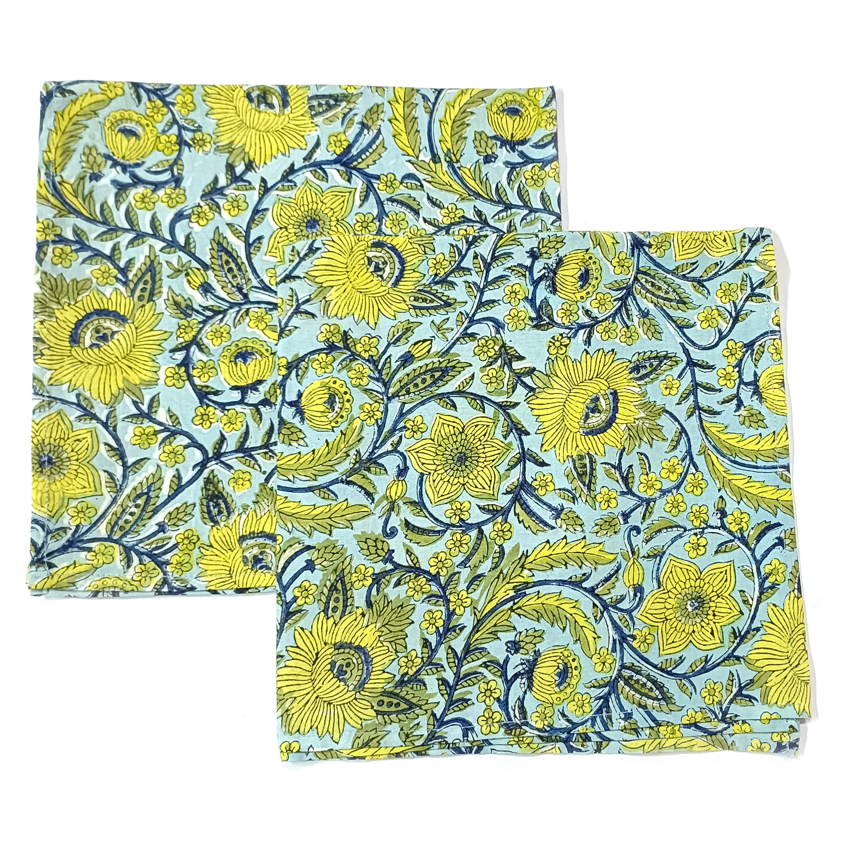 Handmade Organic Cotton Dinner Napkins: Floral Block Print, 20x20 Inches