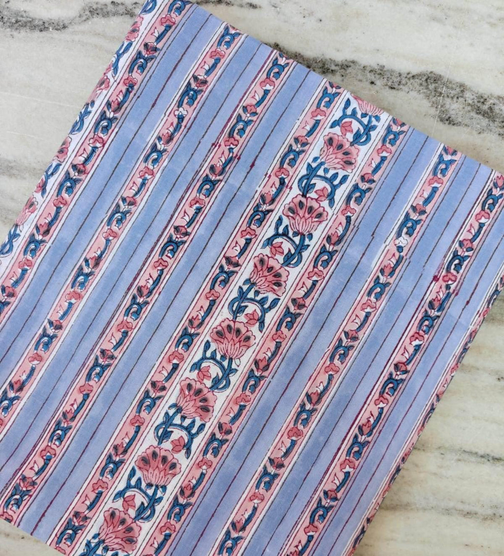 Blue Pink Floral Cotton Fabric, Indian Block Print Fabric, Striped Flower Cotton Fabric, Hand Block Print Style Fabric, Dressmaking Cotton