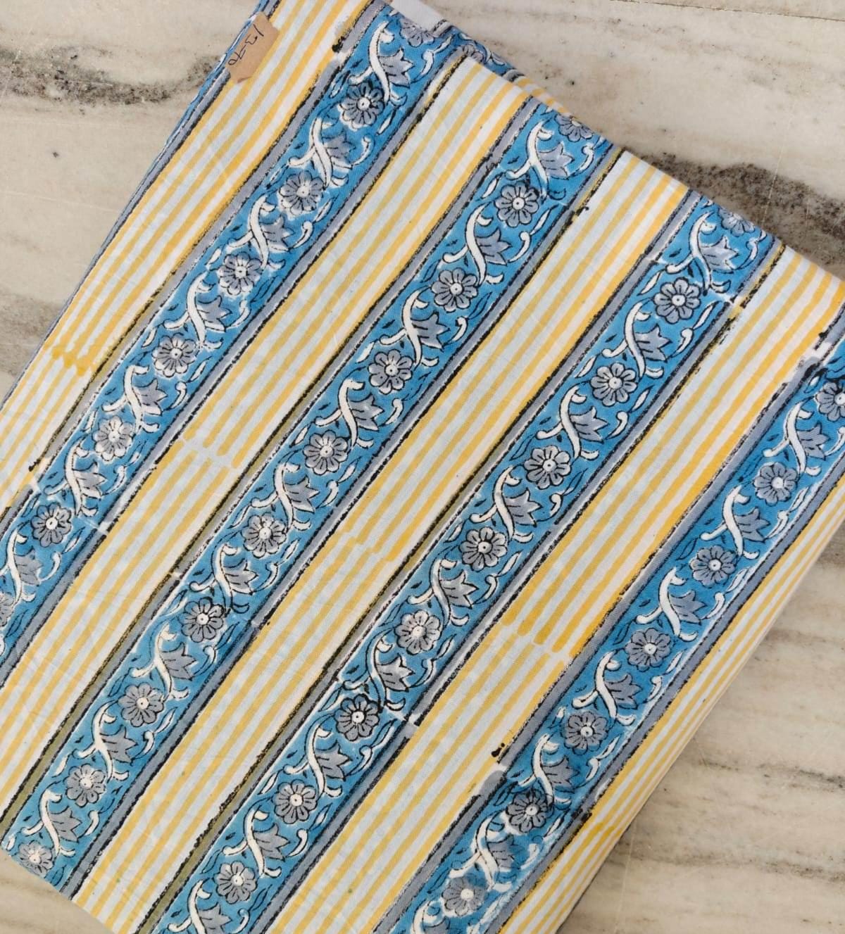 Blue Floral Stripe Cotton Fabric, Yellow Striped Cotton, Block Print Style Fabric, Craft Fabric, Indian Floral Stripe Cotton by the Yard