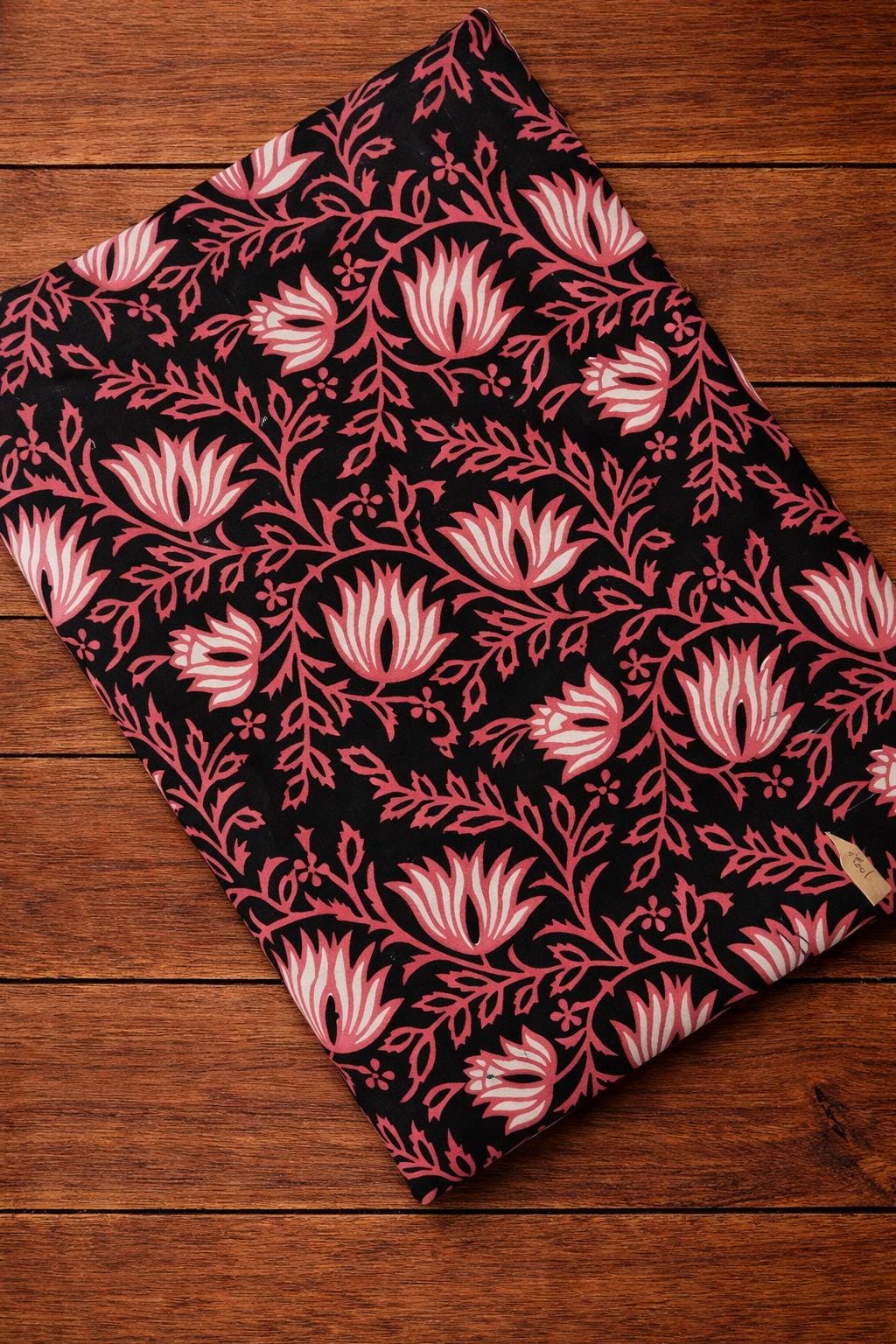 Black & Pink Floral Hand Block Print Cotton Fabric | Indian Lotus Print Textile | Dressmaking Quilting Craft Fabric | Loose Running Fabric