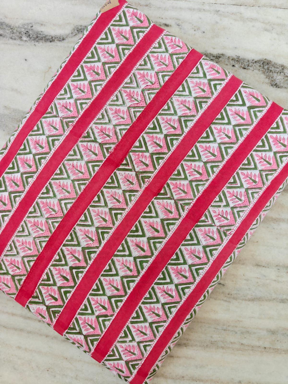 Pink Green Stripe Cotton Fabric, Hand Block Print Fabric, Indian Floral Geometric Textile, Quilting Fabric, Dressmaking Fabric, Craft Fabric