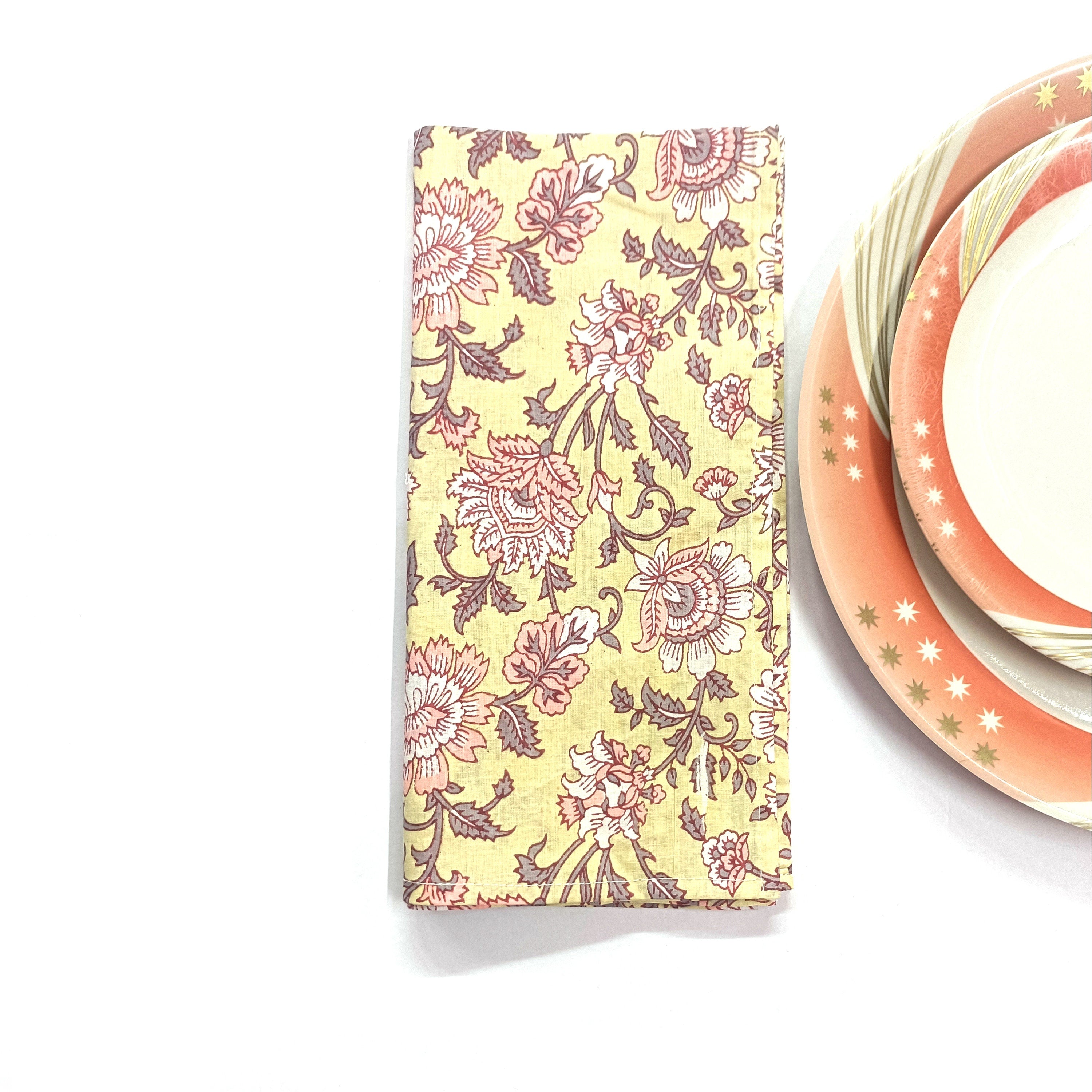 Hand Printed Cotton Dinner Napkins: Floral Block Print, Set of 4